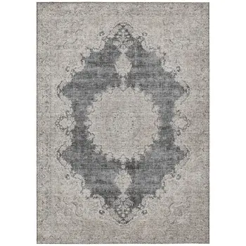 5' X 8' Black And Ivory Oriental Washable Indoor Outdoor Area Rug