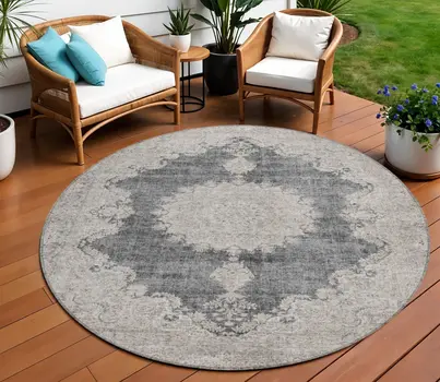 8' Black And Ivory Round Oriental Washable Indoor Outdoor Area Rug