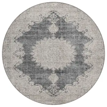 8' Black And Ivory Round Oriental Washable Indoor Outdoor Area Rug