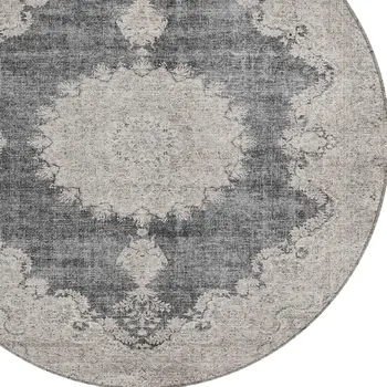 8' Black And Ivory Round Oriental Washable Indoor Outdoor Area Rug