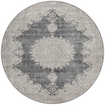 8' Black And Ivory Round Oriental Washable Indoor Outdoor Area Rug