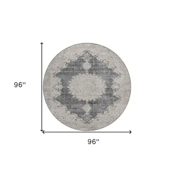 8' Black And Ivory Round Oriental Washable Indoor Outdoor Area Rug