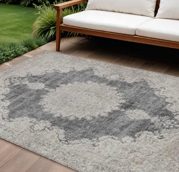 8' X 10' Black And Ivory Oriental Washable Indoor Outdoor Area Rug