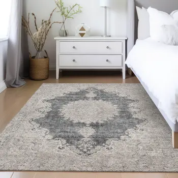 9' X 12' Black And Ivory Oriental Washable Indoor Outdoor Area Rug