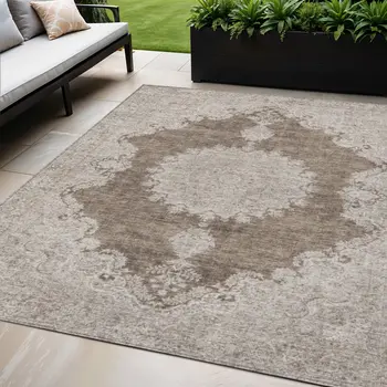 5' X 8' Brown And Beige Oriental Washable Indoor Outdoor Area Rug