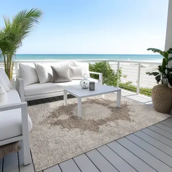 5' X 8' Brown And Beige Oriental Washable Indoor Outdoor Area Rug