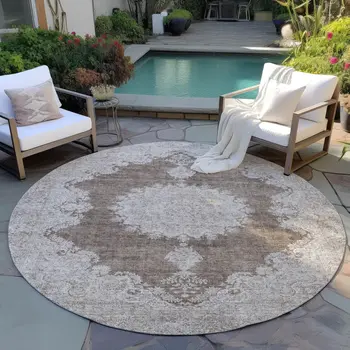 8' Brown And Beige Round Oriental Washable Indoor Outdoor Area Rug