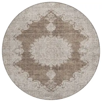 8' Brown And Beige Round Oriental Washable Indoor Outdoor Area Rug