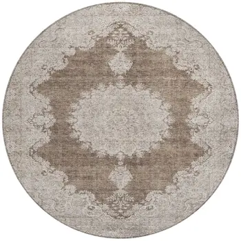 8' Brown And Beige Round Oriental Washable Indoor Outdoor Area Rug