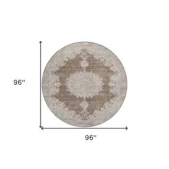 8' Brown And Beige Round Oriental Washable Indoor Outdoor Area Rug