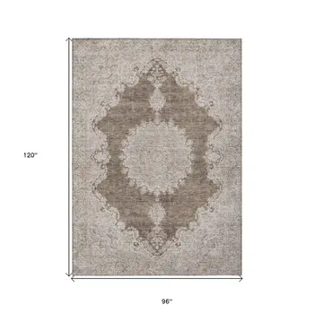 8' X 10' Brown And Beige Oriental Washable Indoor Outdoor Area Rug