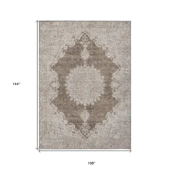 9' X 12' Brown And Beige Oriental Washable Indoor Outdoor Area Rug