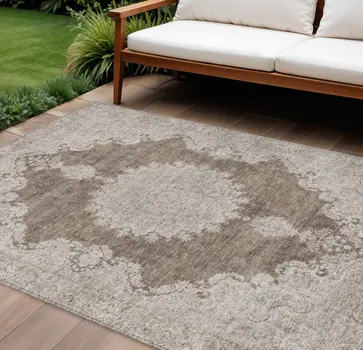 9' X 12' Brown And Beige Oriental Washable Indoor Outdoor Area Rug