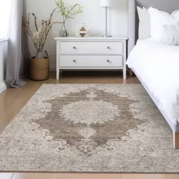 9' X 12' Brown And Beige Oriental Washable Indoor Outdoor Area Rug