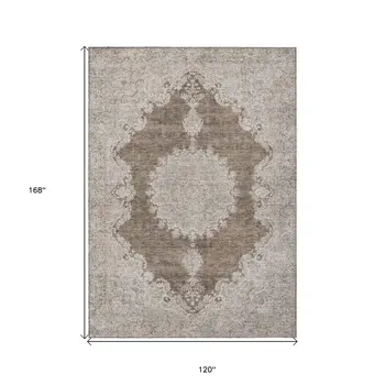 10' X 14' Brown And Beige Oriental Washable Indoor Outdoor Area Rug