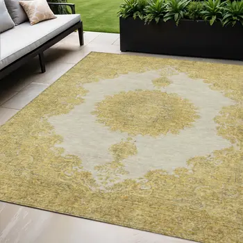 5' X 8' Gold And Ivory Oriental Washable Indoor Outdoor Area Rug