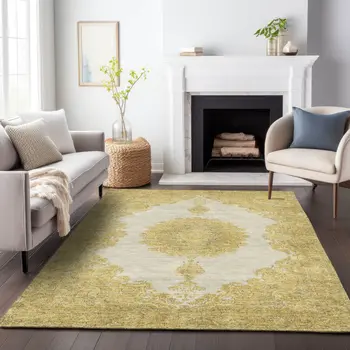 5' X 8' Gold And Ivory Oriental Washable Indoor Outdoor Area Rug