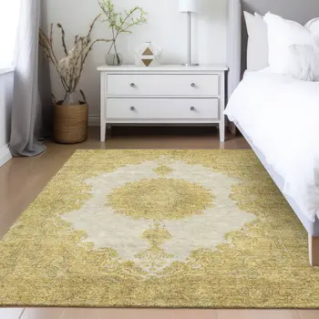 5' X 8' Gold And Ivory Oriental Washable Indoor Outdoor Area Rug