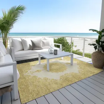 5' X 8' Gold And Ivory Oriental Washable Indoor Outdoor Area Rug