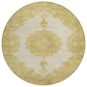 8' Gold And Ivory Round Oriental Washable Indoor Outdoor Area Rug