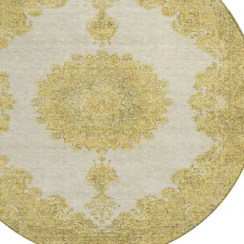 8' Gold And Ivory Round Oriental Washable Indoor Outdoor Area Rug