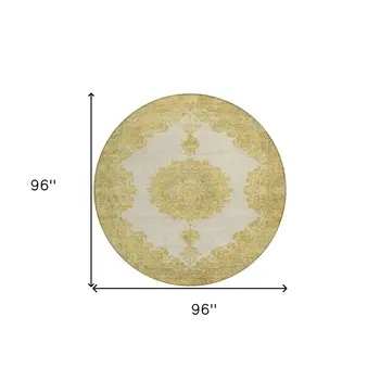 8' Gold And Ivory Round Oriental Washable Indoor Outdoor Area Rug