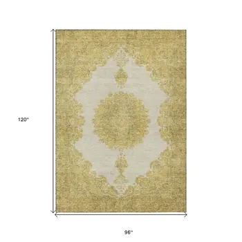 8' X 10' Gold And Ivory Oriental Washable Indoor Outdoor Area Rug