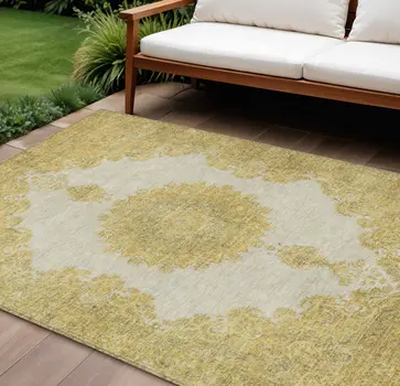 9' X 12' Gold And Ivory Oriental Washable Indoor Outdoor Area Rug
