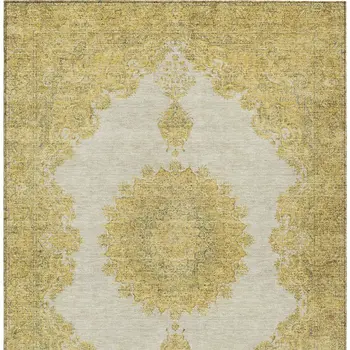 10' X 14' Gold And Ivory Oriental Washable Indoor Outdoor Area Rug