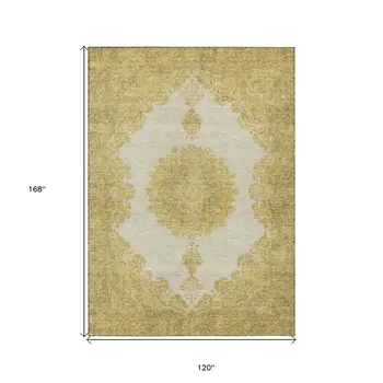 10' X 14' Gold And Ivory Oriental Washable Indoor Outdoor Area Rug