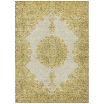 10' X 14' Gold And Ivory Oriental Washable Indoor Outdoor Area Rug