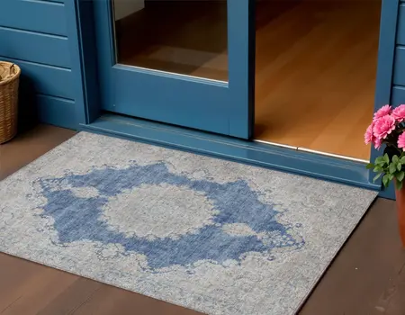 3' X 5' Navy Blue And Ivory Oriental Washable Indoor Outdoor Area Rug