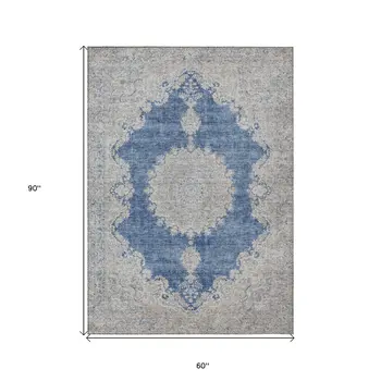 5' X 8' Navy Blue And Ivory Oriental Washable Indoor Outdoor Area Rug