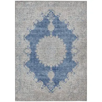 5' X 8' Navy Blue And Ivory Oriental Washable Indoor Outdoor Area Rug