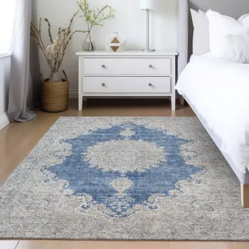 5' X 8' Navy Blue And Ivory Oriental Washable Indoor Outdoor Area Rug