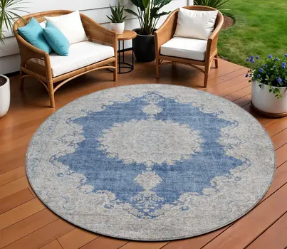 8' Navy Blue And Ivory Round Oriental Washable Indoor Outdoor Area Rug