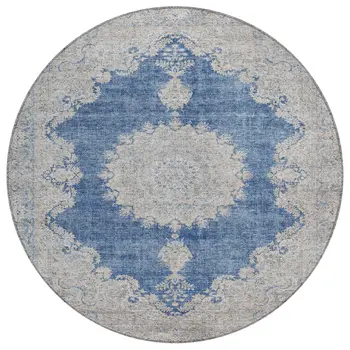 8' Navy Blue And Ivory Round Oriental Washable Indoor Outdoor Area Rug