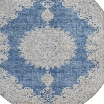 8' Navy Blue And Ivory Round Oriental Washable Indoor Outdoor Area Rug