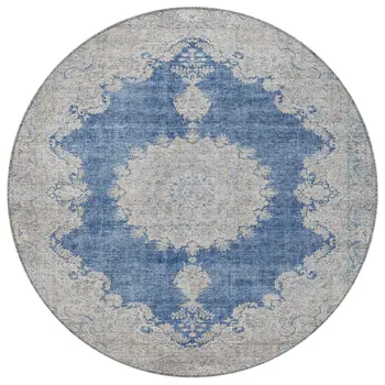 8' Navy Blue And Ivory Round Oriental Washable Indoor Outdoor Area Rug