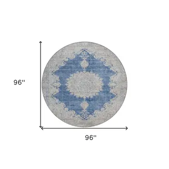 8' Navy Blue And Ivory Round Oriental Washable Indoor Outdoor Area Rug