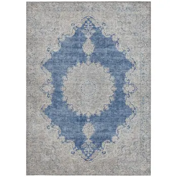 8' X 10' Navy Blue And Ivory Oriental Washable Indoor Outdoor Area Rug