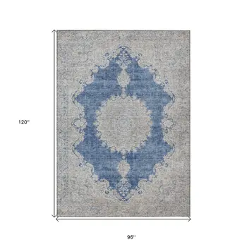 8' X 10' Navy Blue And Ivory Oriental Washable Indoor Outdoor Area Rug