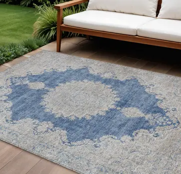 8' X 10' Navy Blue And Ivory Oriental Washable Indoor Outdoor Area Rug