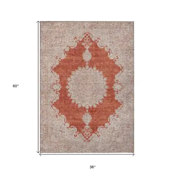 3' X 5' Rust And Beige Oriental Washable Indoor Outdoor Area Rug