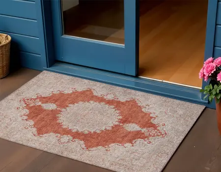 3' X 5' Rust And Beige Oriental Washable Indoor Outdoor Area Rug