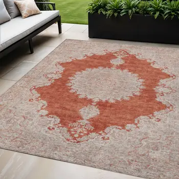 5' X 8' Rust And Beige Oriental Washable Indoor Outdoor Area Rug