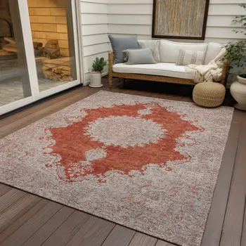 5' X 8' Rust And Beige Oriental Washable Indoor Outdoor Area Rug
