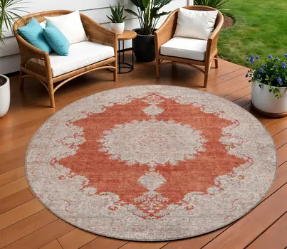 8' Rust And Beige Round Oriental Washable Indoor Outdoor Area Rug