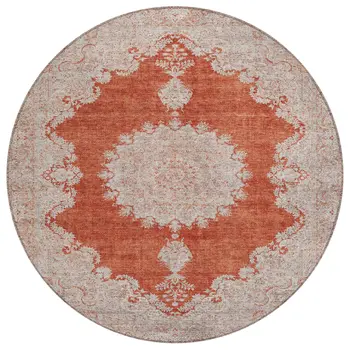 8' Rust And Beige Round Oriental Washable Indoor Outdoor Area Rug