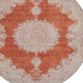 8' Rust And Beige Round Oriental Washable Indoor Outdoor Area Rug